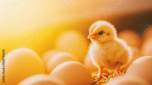 Newly hatched chick wobbling on unsteady legs, surrounded by uncracked eggs in a softly lit brooder photo