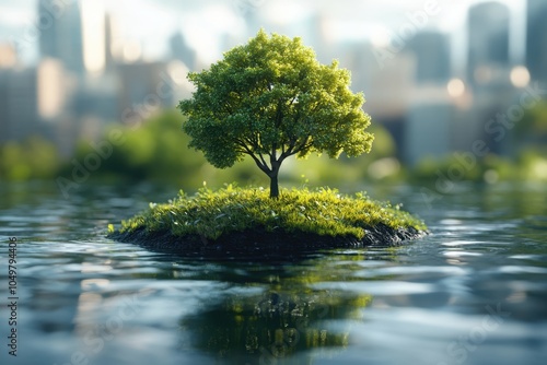 A solitary tree grows on a small island surrounded by water in an urban landscape at sunrise