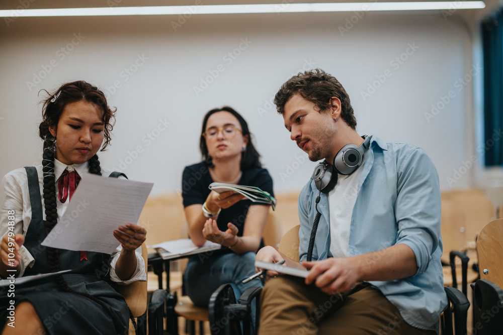 Obraz premium Students are actively engaged in a discussion with their professor. The scene captures a collaborative learning environment between classes, emphasizing communication, education, and student-teacher