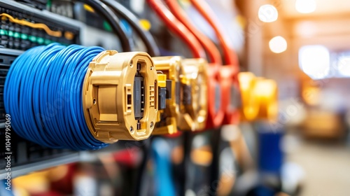 Modern data center room with neatly organized cables and server racks Stock Photo with side copy space photo