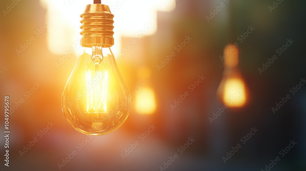 glowing light bulb illuminates scene with warm sunlight in background, creating cozy and inviting atmosphere. soft bokeh effect enhances beauty of moment