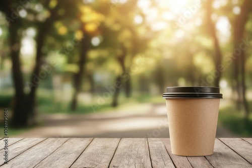 coffee cup on wooden table background and copy space - generative ai