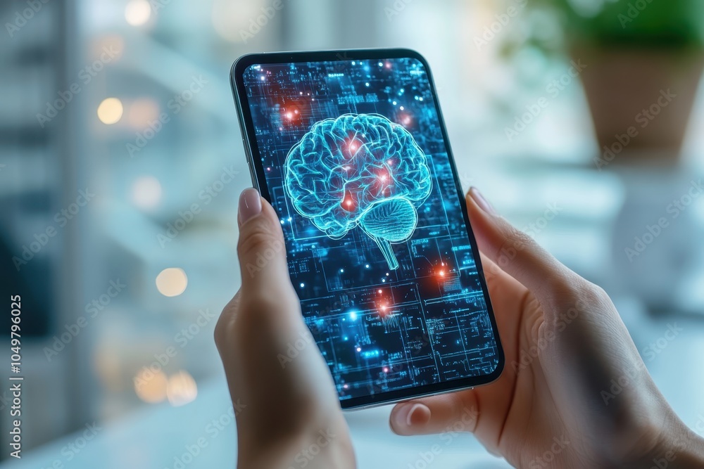 A person holds a smartphone displaying a glowing brain illustration with digital connections A person holds a smartphone displaying a glowing brain illustration with digital connections