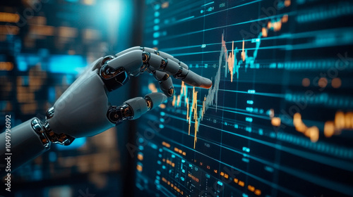 A  hand and robot arm reaching towards each other, with stock market charts in the background. 