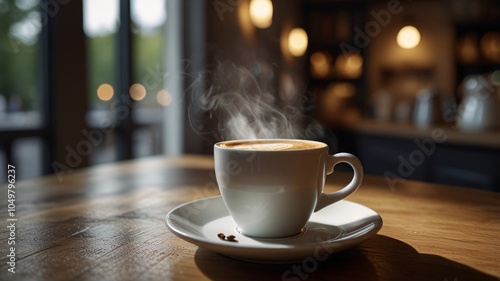 generiere ein fotorealistisches Bild von einer vollen dampfenden Kaffeetasse im dazu passenden Ambiente. auf der Tasse soll 