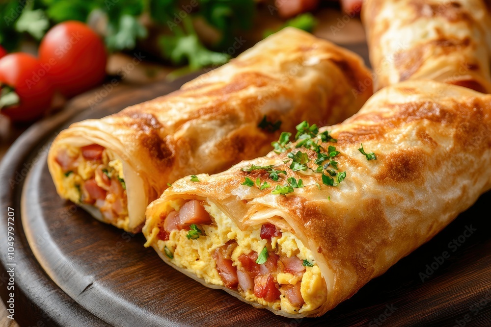dish of egg roll with ham background - generative ai dish of egg roll with ham background - generative ai