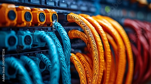 Server room with large storage arrays and fiber optic cables for high-speed data transfer Stock Photo with side copy space photo