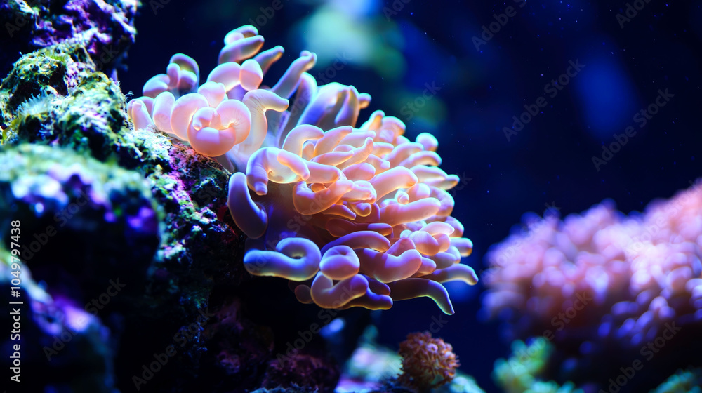 Fototapeta premium Close-up of a vibrant coral reef with blue, orange, and purple hues.