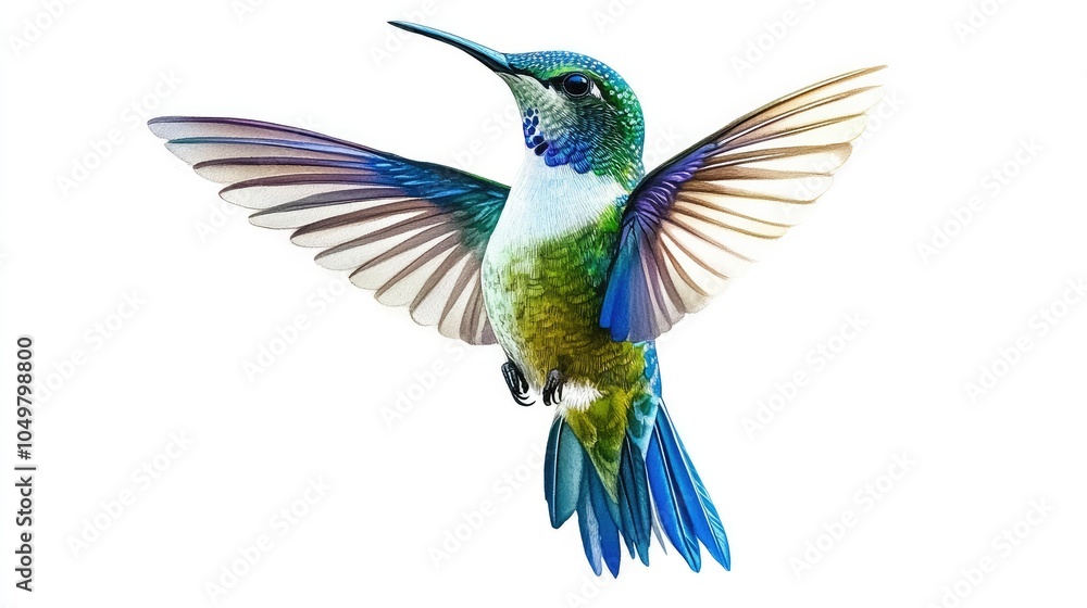Obraz premium A vibrant watercolor depiction of a colorful hummingbird mid-flight, showcasing feathers in blues and greens, with a clean white background emphasizing its grace