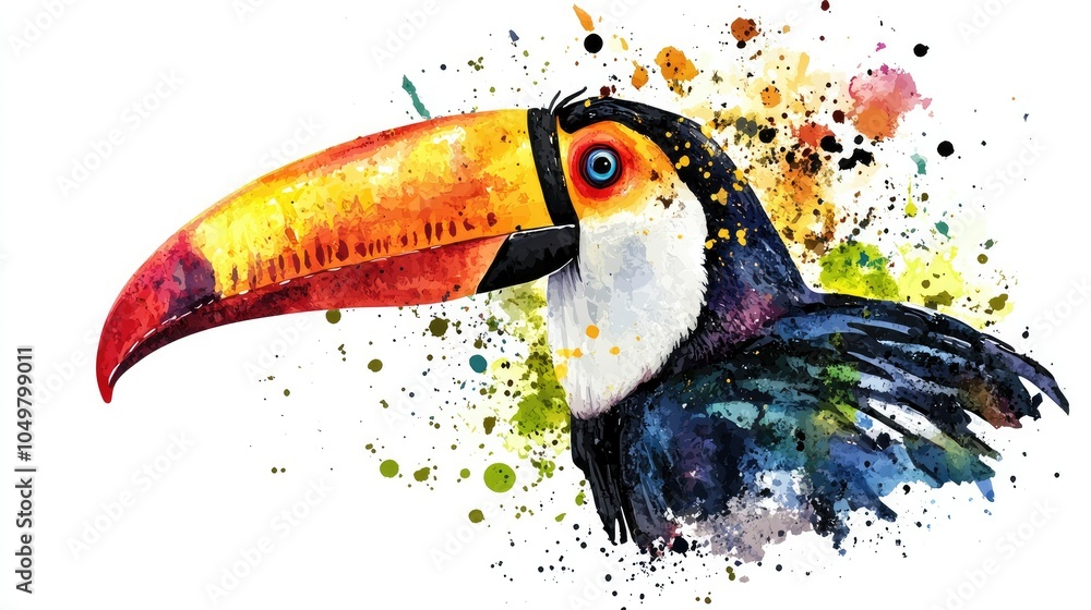 Obraz premium A vibrant watercolor illustration of a toucan with a colorful beak, painted in striking shades of black, yellow, and red, isolated on a white background