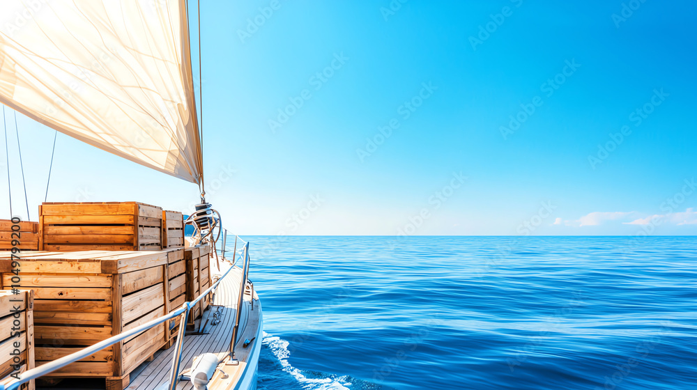 Obraz premium A cargo sailboat filled with wooden crates, sailing smoothly across serene waters, clear blue sky backdrop, detailed view of sails and wooden textures, evoking a classic, artistic