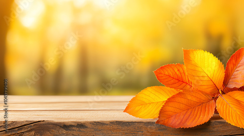 Close-up of vivid orange and yellow autumn leaves resting on a rustic wooden surface, detailed textures, vibrant warm hues, cozy fall ambiance, soft lighting space for text photo