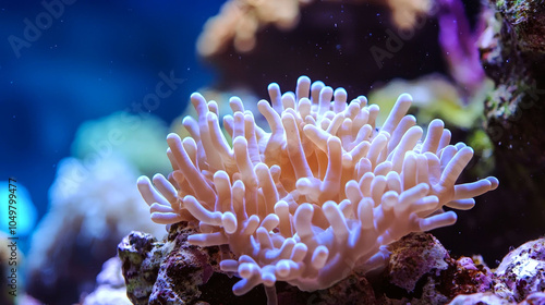 Close-up of a vibrant, pink and white coral polyp in a saltwater aquarium.