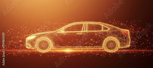 Abstract Illuminated Low Ploy Golden Car With Connecting Dots And Lines On An Orange Background.