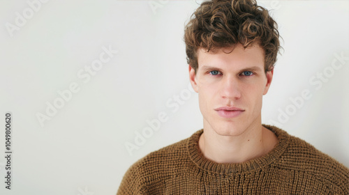 Cute guy in a brown sweater on a white background
