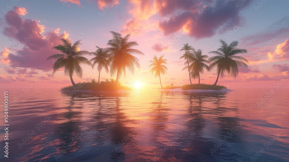 Serene Tropical Island at Sunset with Palm Trees and Vibrant Sky Reflection - Paradise Escape Serene Tropical Island at Sunset with Palm Trees and Vibrant Sky Reflection - Paradise Escape