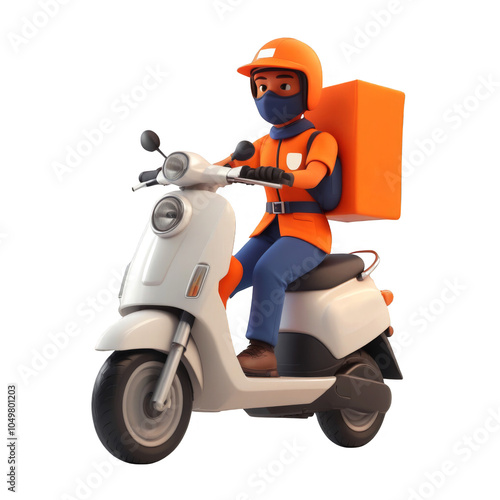 Courier in orange uniform with helmet and mask, perfect for delivery and logistics themes photo