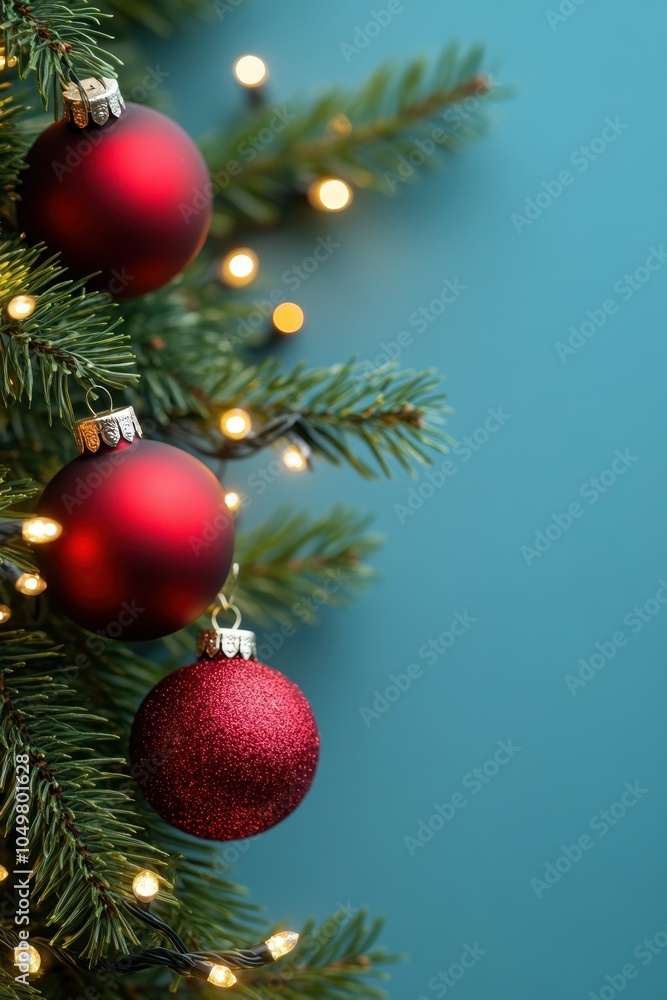 Fototapeta premium Festive Christmas Tree Ornaments on Blue Background