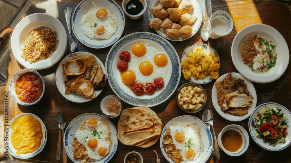 Vibrant Eastern Breakfast Foods in Artistic Arrangement Vibrant Eastern Breakfast Foods in Artistic Arrangement