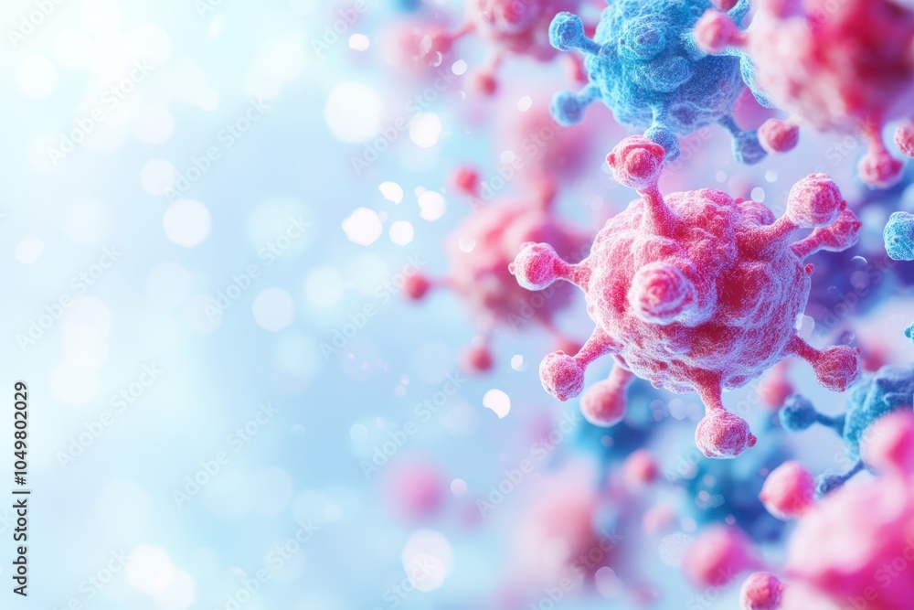 Colorful microscopic view of bacteria and viruses against a soft blue background Colorful microscopic view of bacteria and viruses against a soft blue background