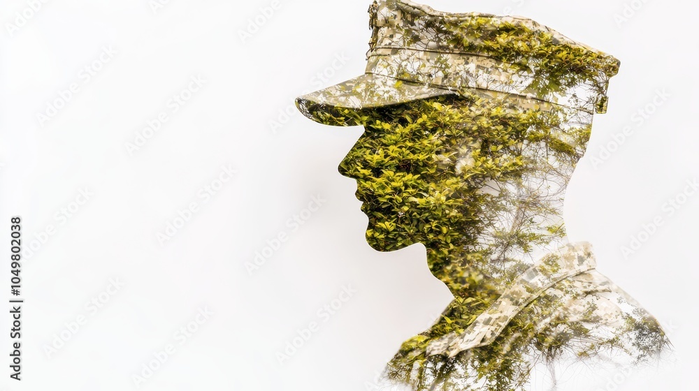 Double exposure of a soldier's profile merged with green cityscapes and nature, symbolizing harmony between urban development and environmental conservation Double exposure of a soldier's profile merged with green cityscapes and nature, symbolizing harmony between urban development and environmental conservation