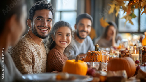 Family celebrating around a autumn dinner table smiling during evening 