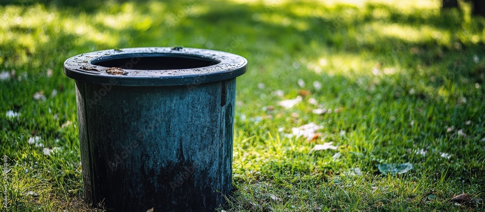 Fototapeta premium The rim of a round trash bin in a public park No littering. with copy space image. Place for adding text or design