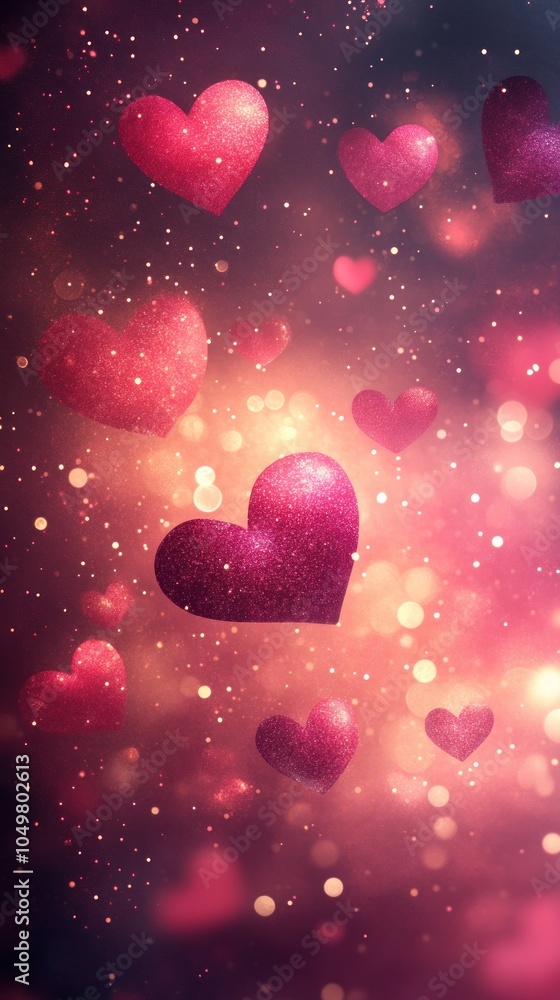 Glittering Red Hearts and Bokeh Lights on a Romantic Background Glittering Red Hearts and Bokeh Lights on a Romantic Background