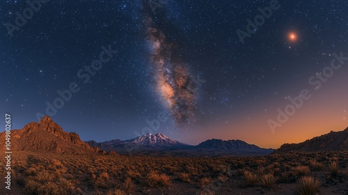 A stunning panorama of the Milky Way over a mountainous desert landscape at twilight.