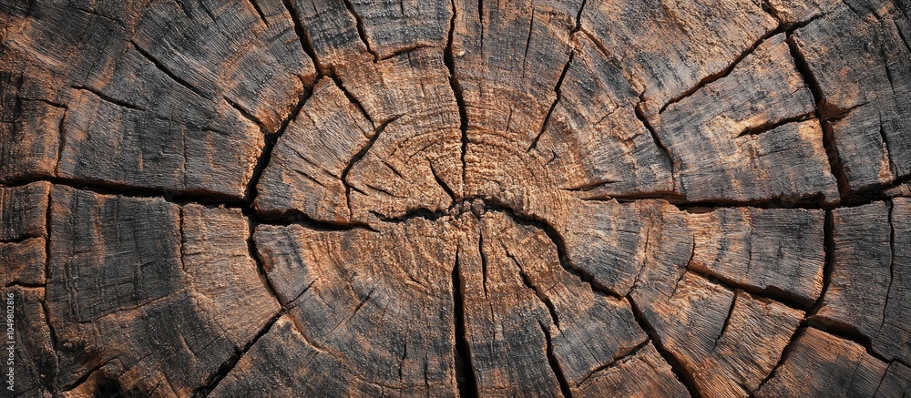 Fototapeta premium Stump featuring deep wide cracks Cut surface of dry wood showing saw marks Top view Selective focus Copyspace