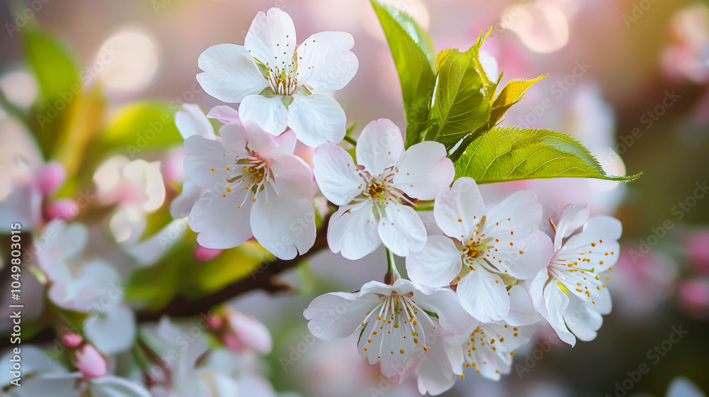 Obraz premium Close-up of delicate white cherry blossoms in full bloom on a branch with green leaves and a soft, blurred background.