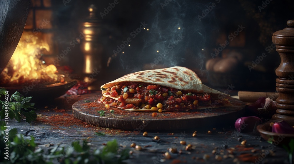 Elegant Quesadilla with Smoky Background and Spices Elegant Quesadilla with Smoky Background and Spices