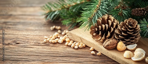 Cedar tree with cedar gifts cedar kernels shells nuts and a pine cone on wooden boards. with copy space image. Place for adding text or design photo