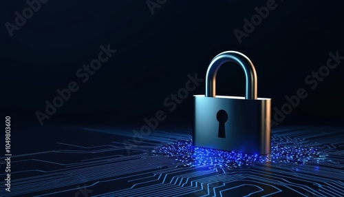 Wallpaper Mural Futuristic padlock icon in a cyber landscape, with neon blue light effects and circuit patterns, representing cybersecurity and secure data networks Torontodigital.ca