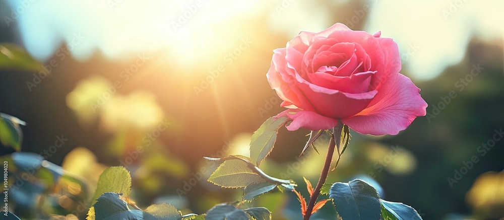 Obraz premium Close up of a Bright Pink Rose Opening on a Sunny Italian Day. with copy space image. Place for adding text or design
