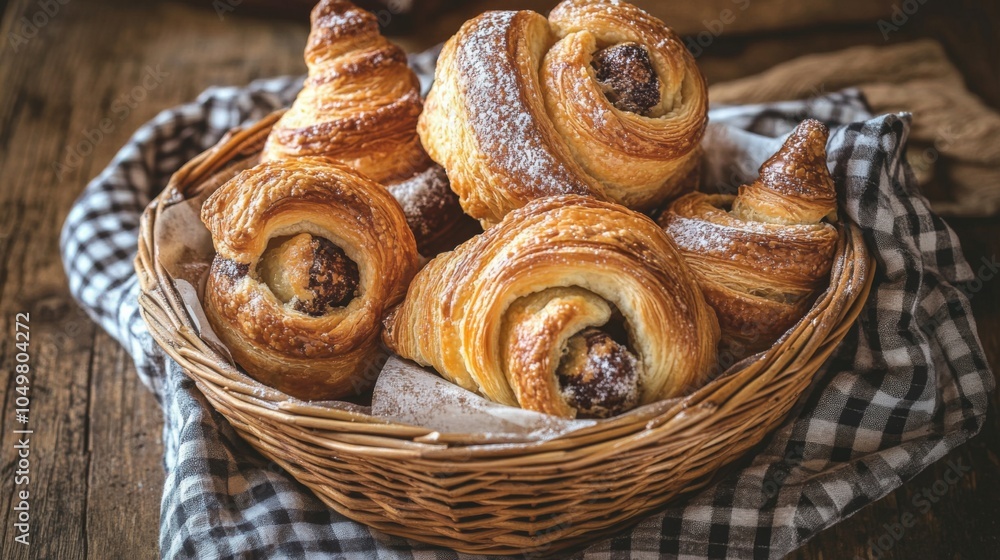 Fototapeta premium Warm Pastries in a Rustic Basket with Checkered Cloth