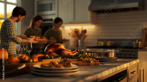  Family preparing Thanksgiving feast in the kitchen happy 