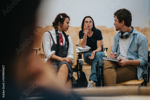 Tableau sur toile Three students are actively engaged in a group discussion in a classroom