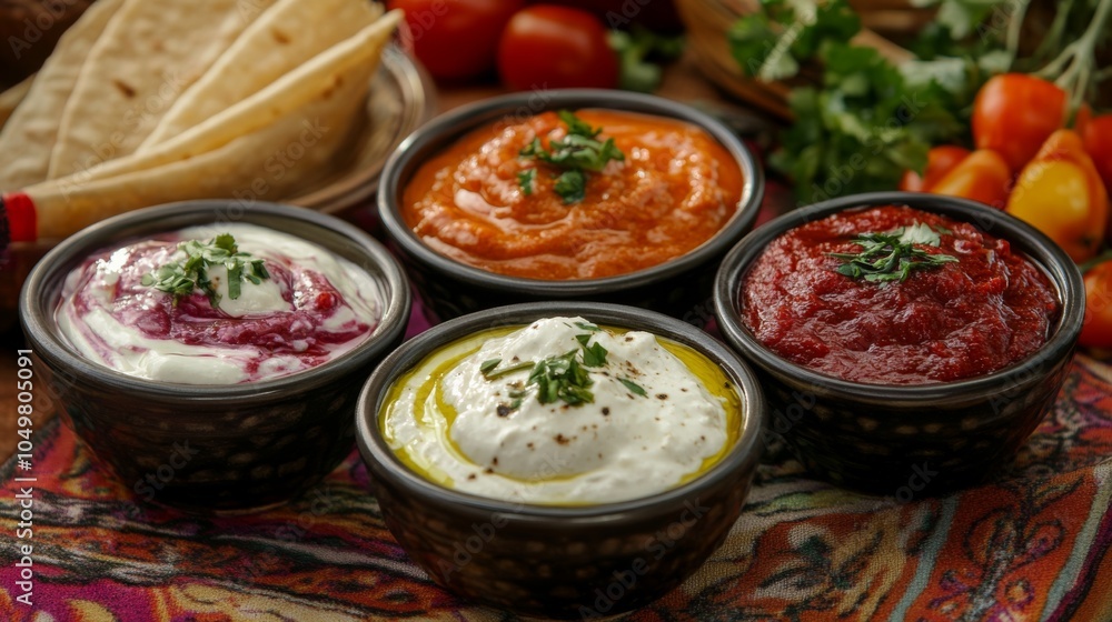 Vibrant Eastern Sauces and Dips in Traditional Setting Vibrant Eastern Sauces and Dips in Traditional Setting
