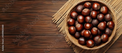 A bamboo bowl filled with f...