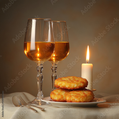 cozy setting featuring two glasses of golden wine, crispy latkes, and flickering candle creates warm and inviting atmosphere perfect for festive gatherings photo