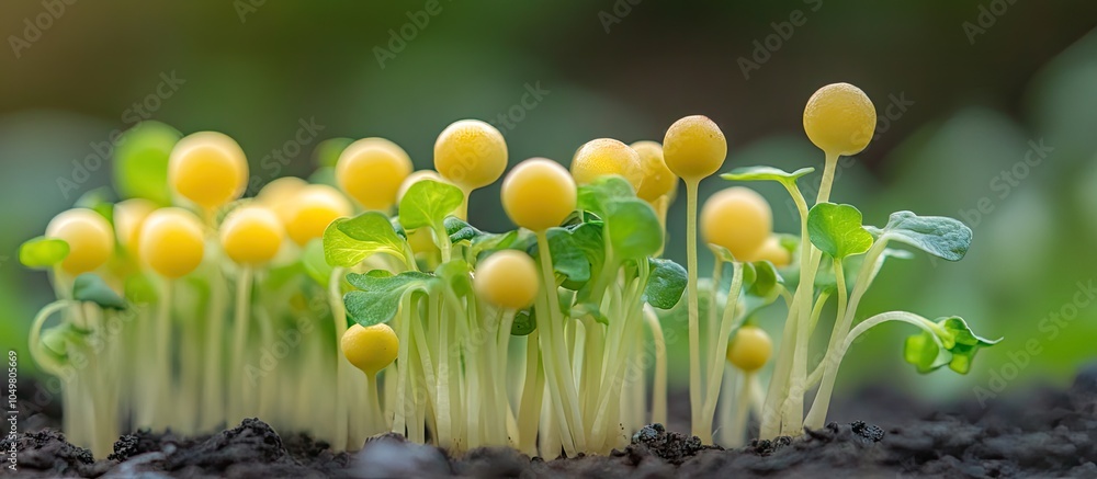 Fototapeta premium Close up of yellow daikon sprouts resuming growth in natural light after the blackout period. with copy space image. Place for adding text or design