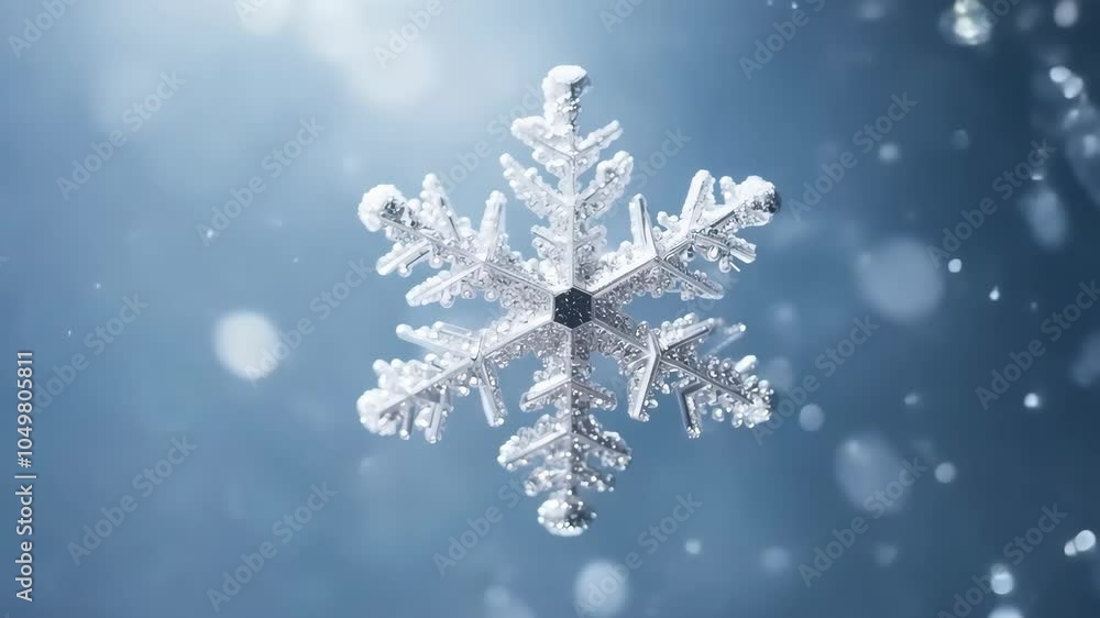 Detailed close-up of a sparkling snowflake on a wintery blue background Detailed close-up of a sparkling snowflake on a wintery blue background