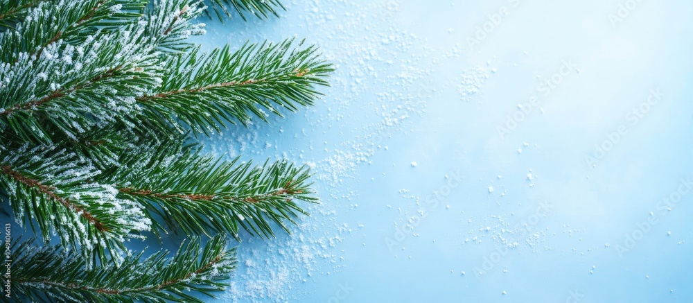 Winter theme A green pine branch is set against a blue background Happy New Year. with copy space image. Place for adding text or design Winter theme A green pine branch is set against a blue background Happy New Year. with copy space image. Place for adding text or design