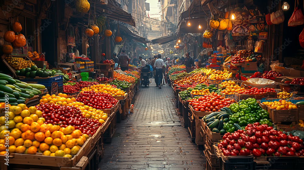 Fruit and vegetable stalls line the narrow streets of India. Fruit and vegetable stalls line the narrow streets of India.