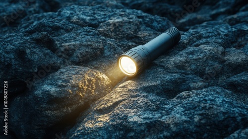 Fototapeta Naklejka Na Ścianę i Meble -  A flashlight lying on a rocky surface, shining its light across rugged stones in the darkness