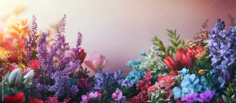 An assortment of different flowers in a variety of colors such as violet red blue purple and green with an area above on a blurred background for text and copyspace An assortment of different flowers in a variety of colors such as violet red blue purple and green with an area above on a blurred background for text and copyspace