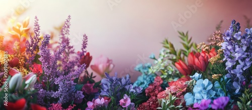 An assortment of different flowers in a variety of colors such as violet red blue purple and green with an area above on a blurred background for text and copyspace