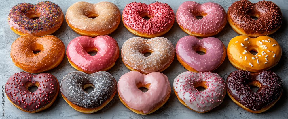 Heart-shaped doughnuts of various colors and shapes on a gray marble table, flat lay top view. Heart-shaped doughnuts of various colors and shapes on a gray marble table, flat lay top view.
