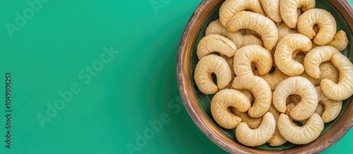 Top view of the Indian traditional sweet Kaju puri or cashew cookies baked Indian sweets mithaai for festivals on a green background. with copy space image. Place for adding text or design photo